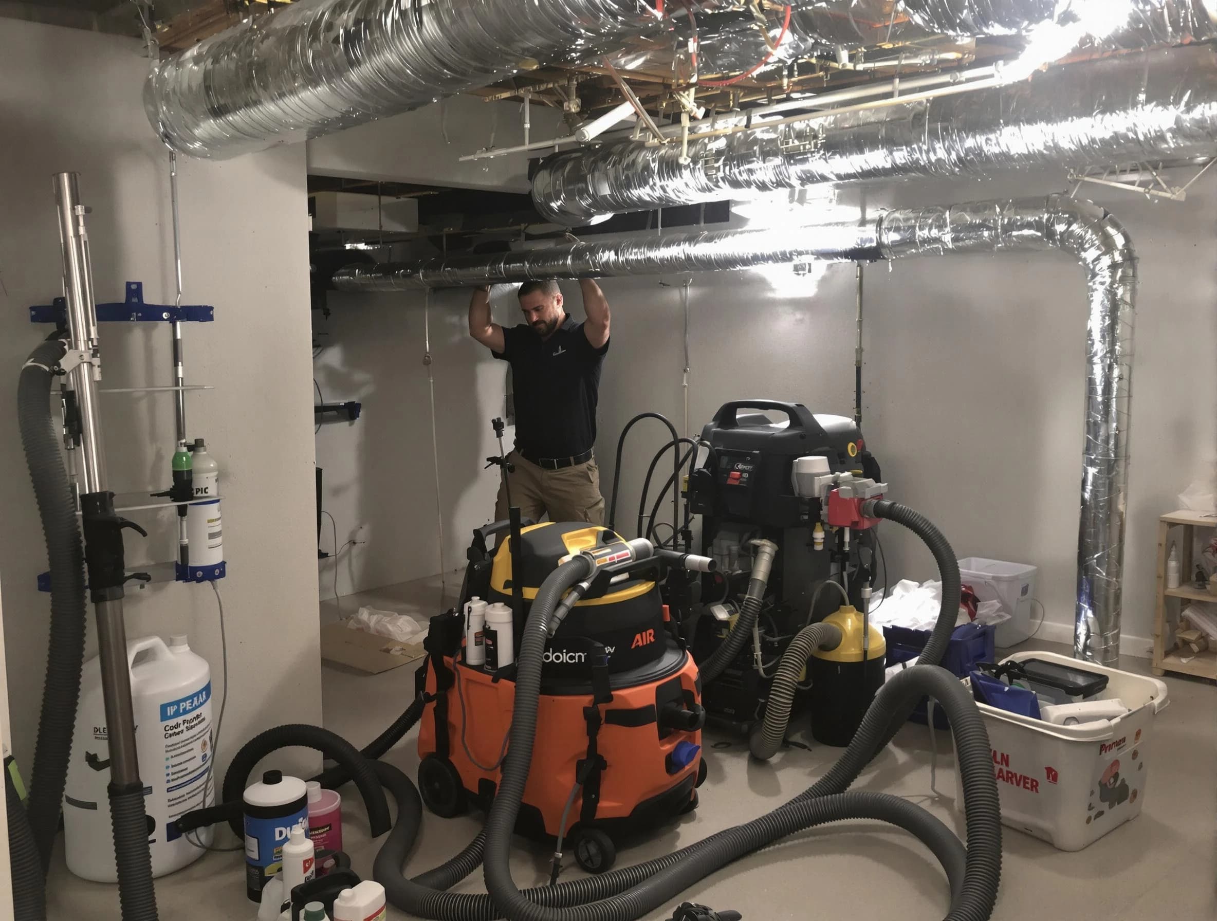 Attleboro Air Duct Cleaning specialist performing professional mold removal from air ducts using safety equipment in Attleboro