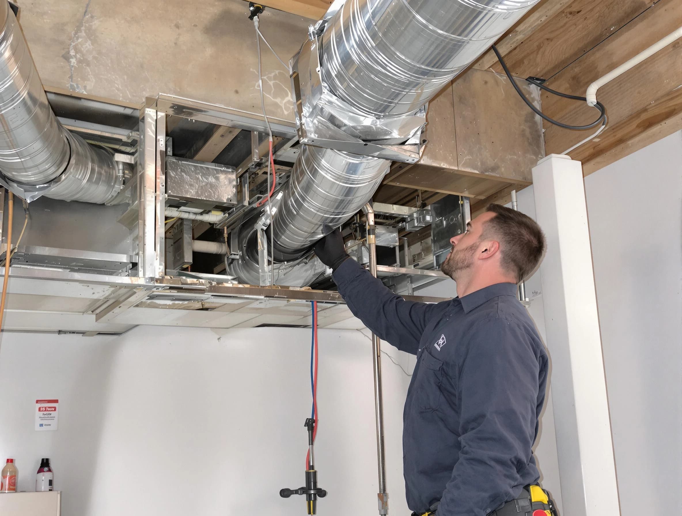 Attleboro Air Duct Cleaning technician performing professional air duct repair using specialized tools in Attleboro