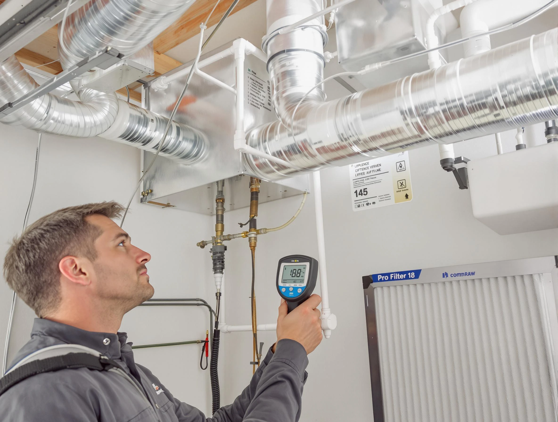 Attleboro Air Duct Cleaning expert conducting detailed filter system inspection using diagnostic tools in Attleboro