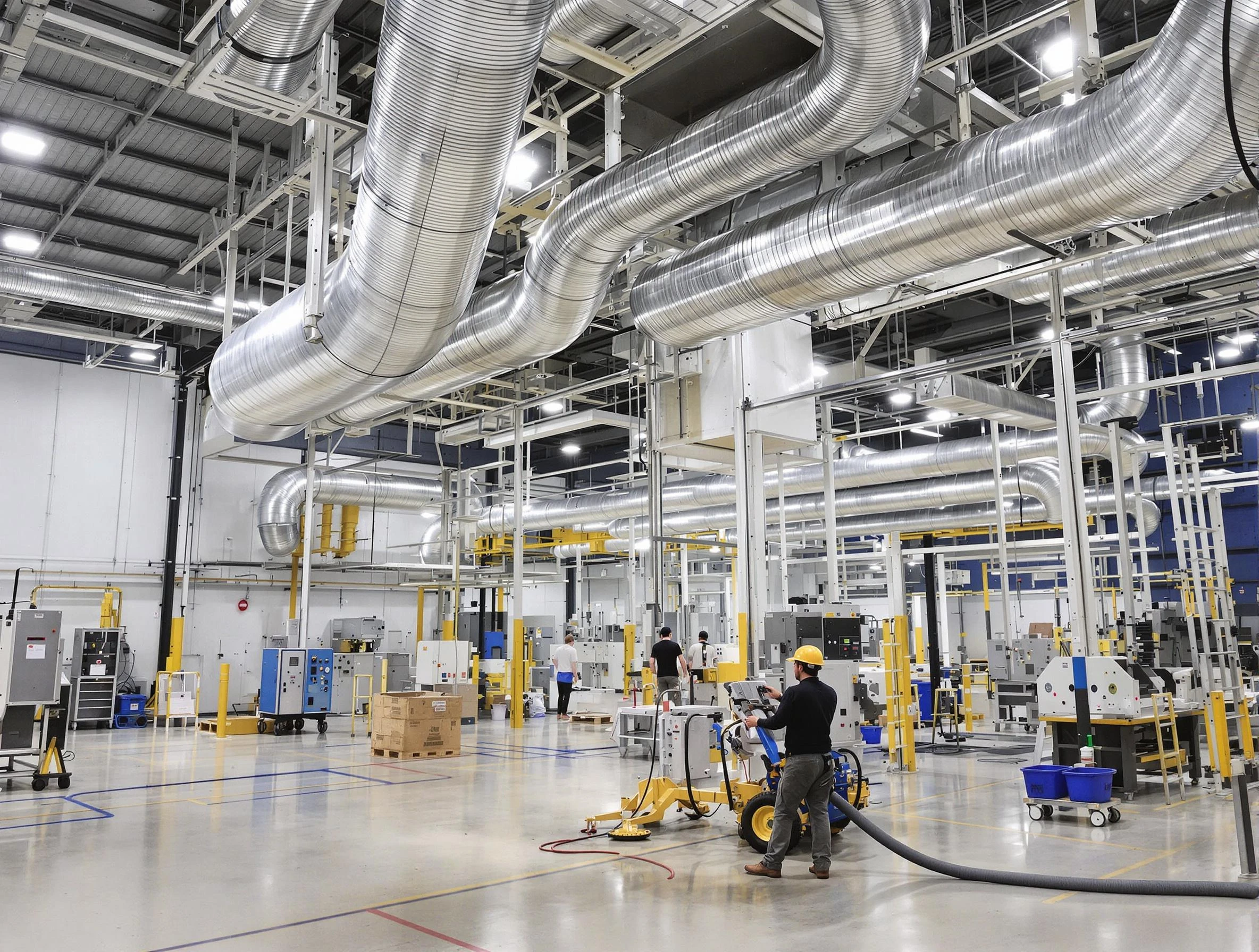 Attleboro Air Duct Cleaning team performing comprehensive industrial duct cleaning at a large facility in Attleboro