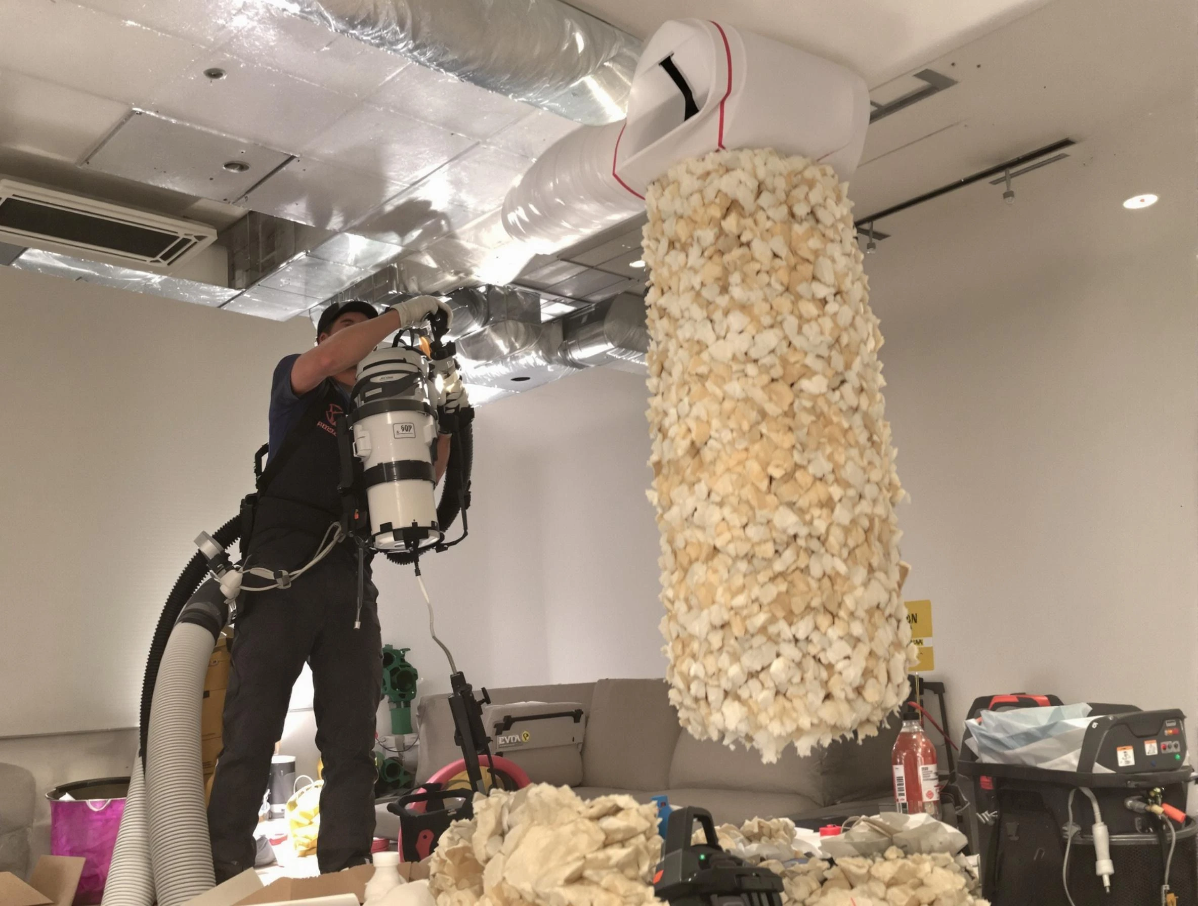 Attleboro Air Duct Cleaning technician performing precision vacuum insulation removal in a residential property in Attleboro